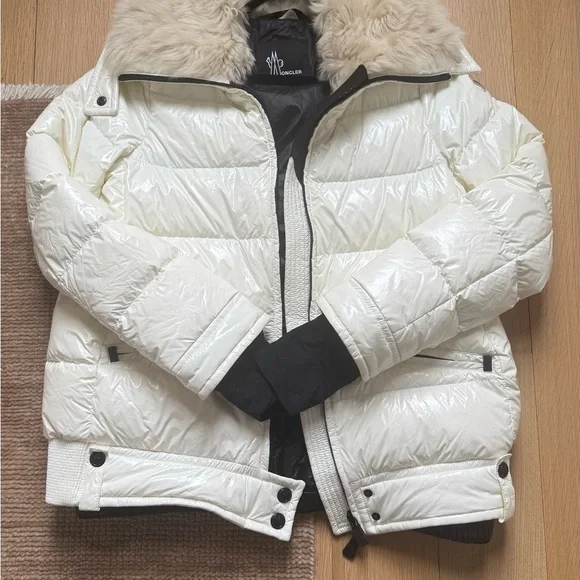 Moncler White Puffer Jacket with Fur Collar